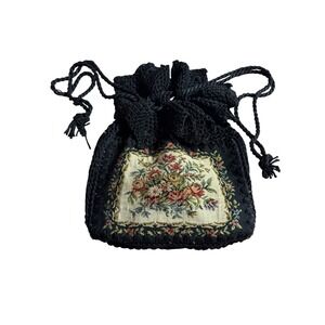 Vintage Garay Tapestry Floral Drawstring Pouch Bag Black Evening Bag Victorian